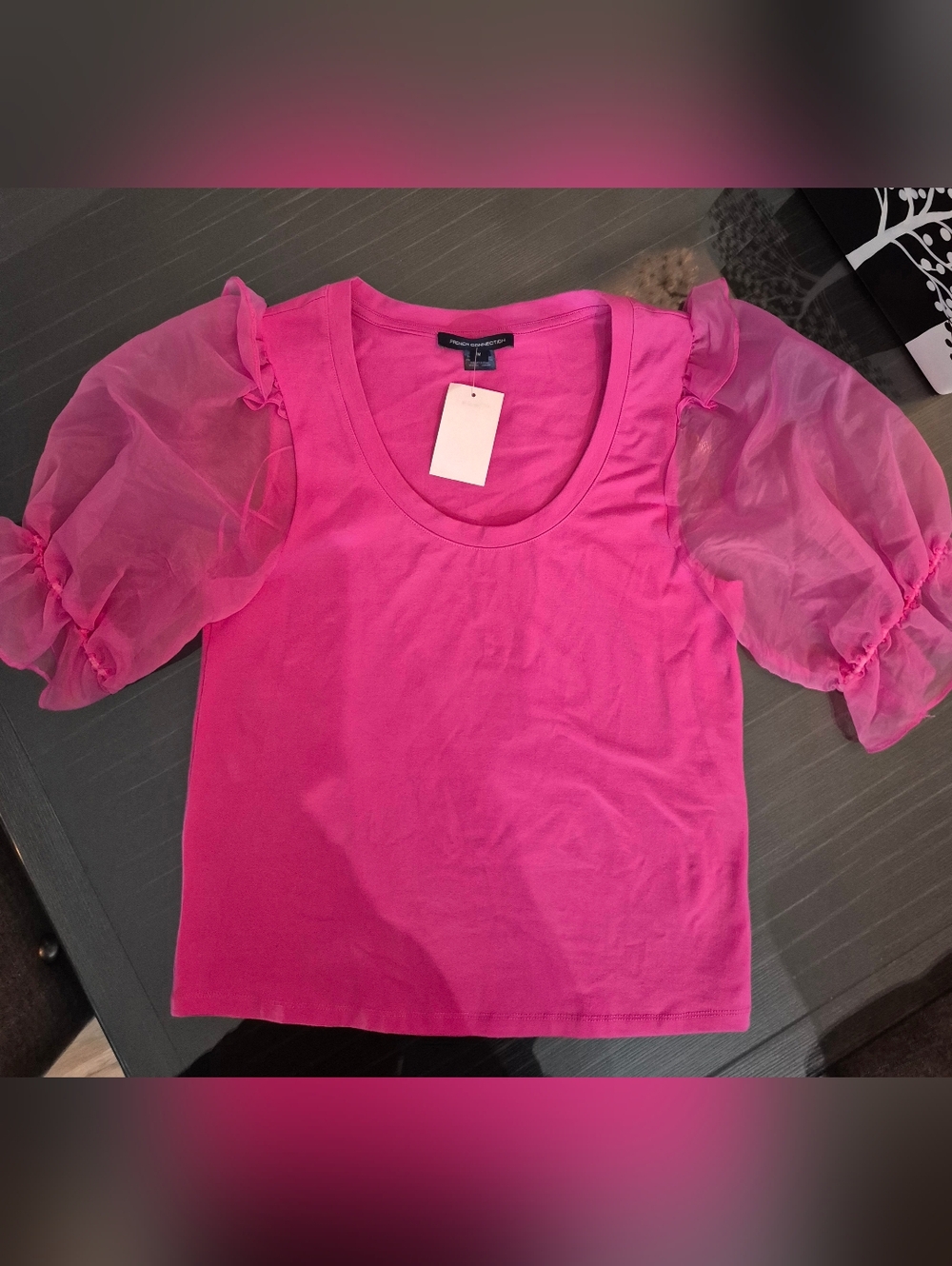 French- Connection Fuchsia Puff Sleeve Tee - Donna Morgan, NWT!
